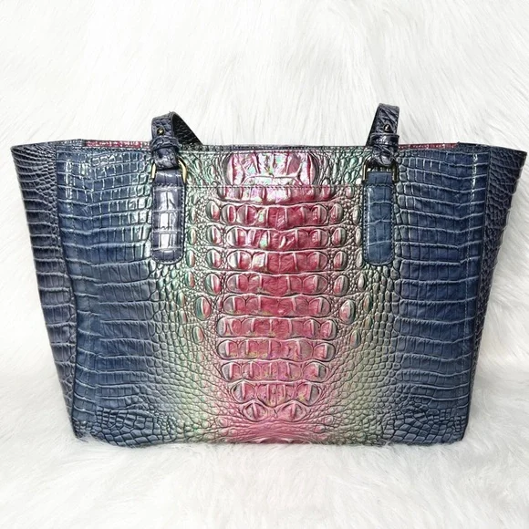 SOLD-Brahmin Iridescent Oil Slick Ombre Blue Pink Croc Leather Shoulder Bag - Picture 4 of 12